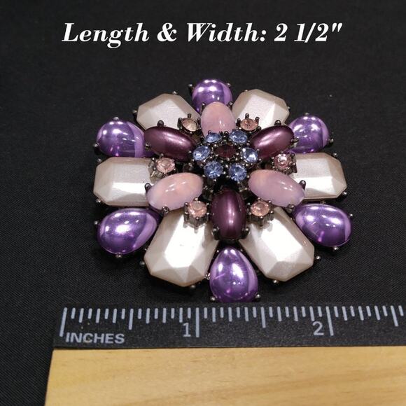 Purple White Cabochons Gunmetal Gray Brooch, Lavender Purple Rhinestones, 2 1/2" - Picture 5 of 6